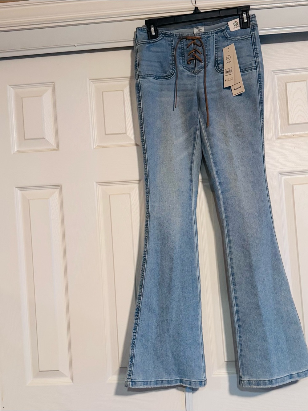 No Boundaries Light Blue Lace-Up Waist Flare Jeans